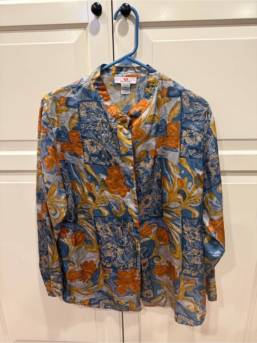 Vintage Button-Down Silk Shirt in Blue and Orange